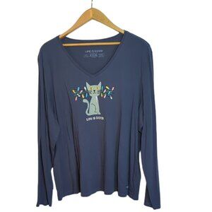 Life Is Good Cat with Lights Long Sleeve V-Neck Tee | Size XXXL